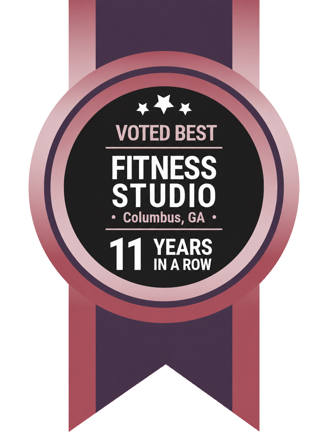 A purple ribbon badge indicating that Novo has been voted best fitness studio 11 years in a row.